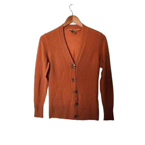 Tory Burch Boyfriend Simone Cardigan Orange 100% Wool XS Logo Buttons‎ - Picture 5 of 16